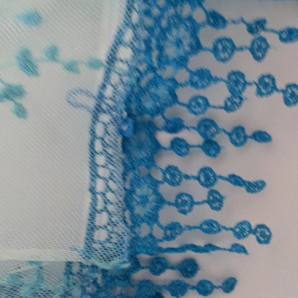 Light Blue Netted Scarf or Wrap with Blue Flowers and Flower Fringe - Picture 4 of 4